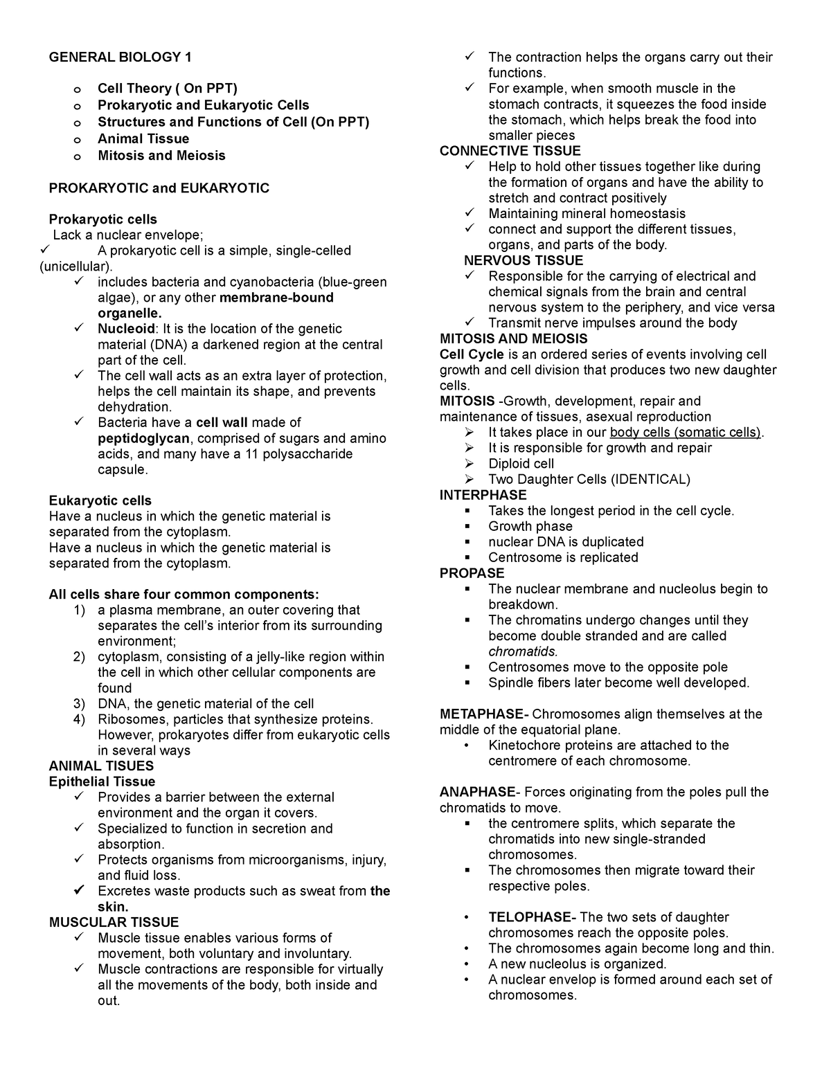 Biology 1 Notes - General Biology 1 O Cell Theory ( On Ppt) O 