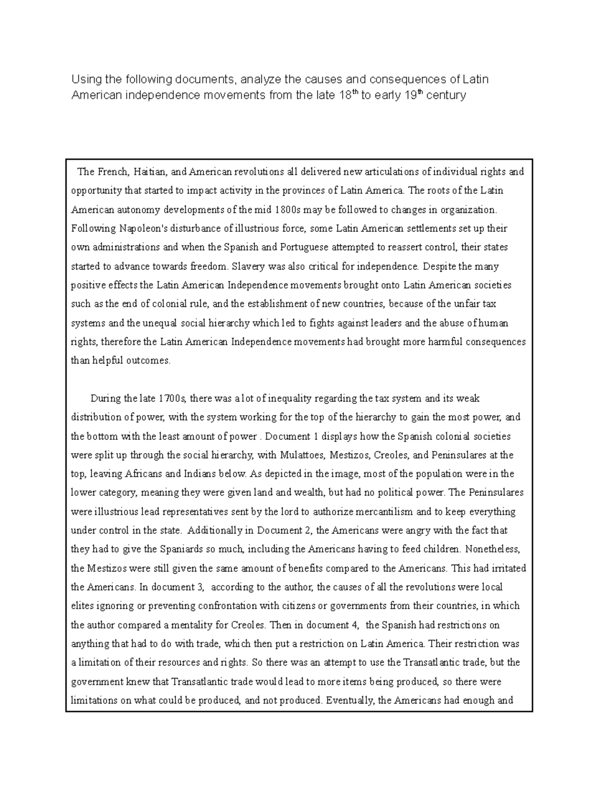 DBQ Latin American Revolutions Using The Following Documents Analyze 