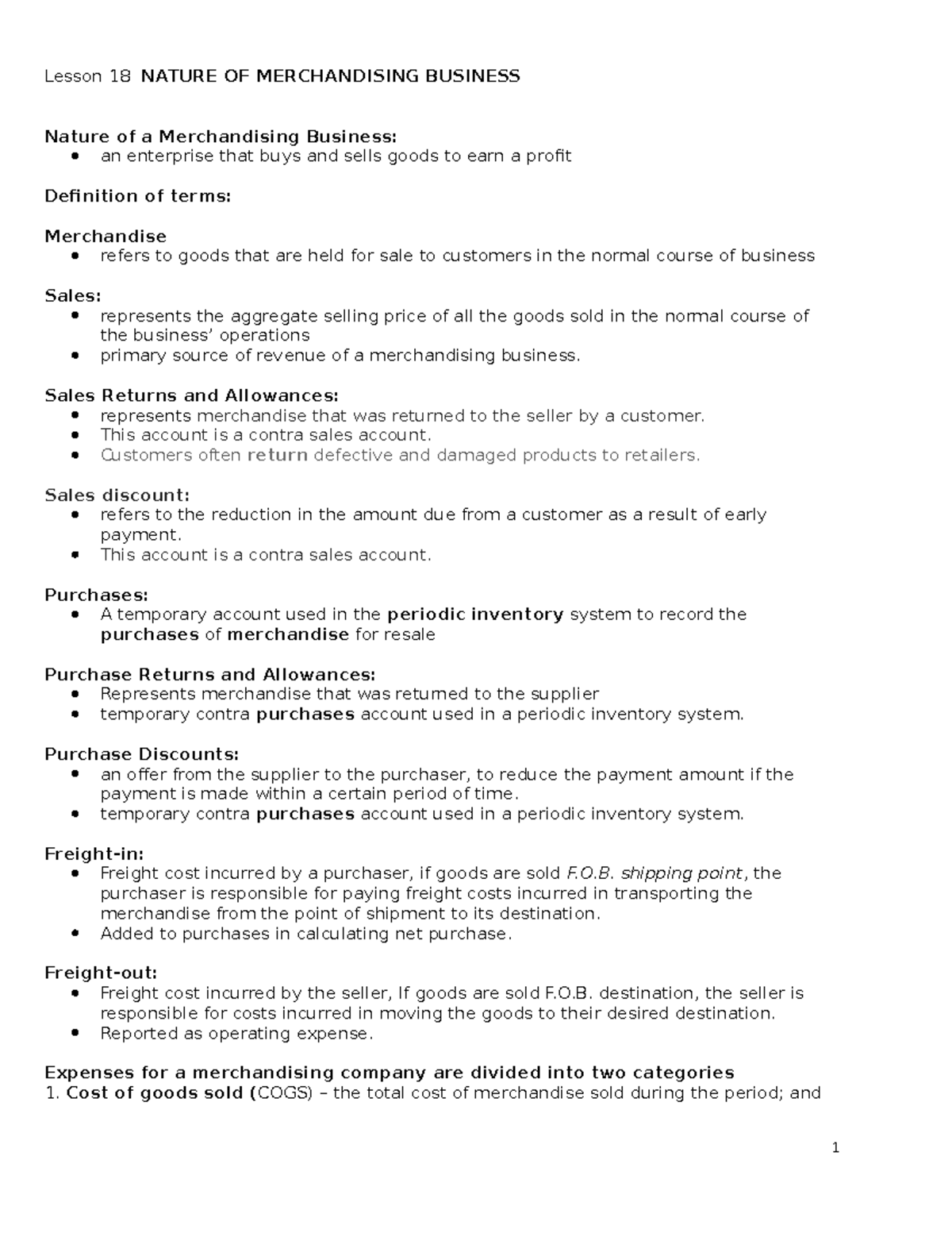 Lesson 18 Merchandising Business for student Lesson 18 NATURE OF