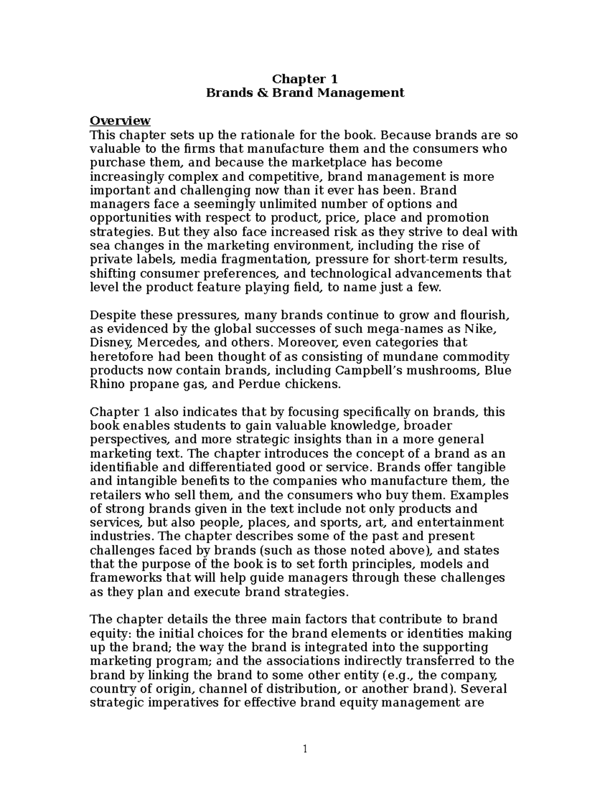 Brands & Brand Management Chapter 1 Brands & Brand Management Overview This chapter sets up