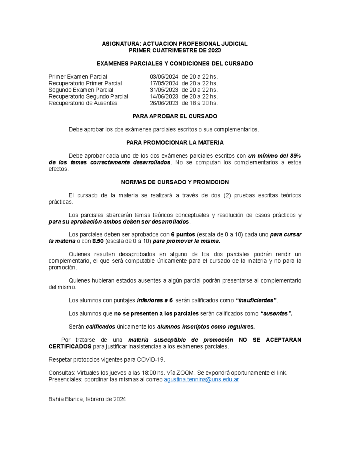 Condiciones de cursado 2024 - ASIGNATURA: ACTUACION PROFESIONAL ...