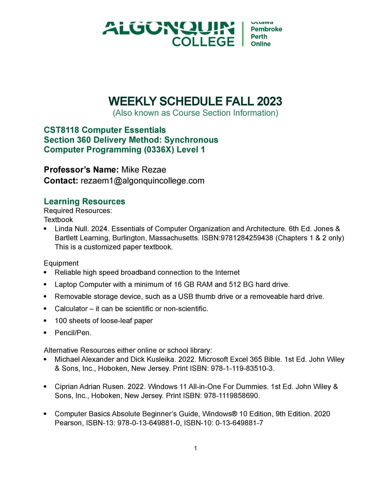 CST8118 Weekly Schedule (CSI) Fall 2023 Template& Draft WEEKLY