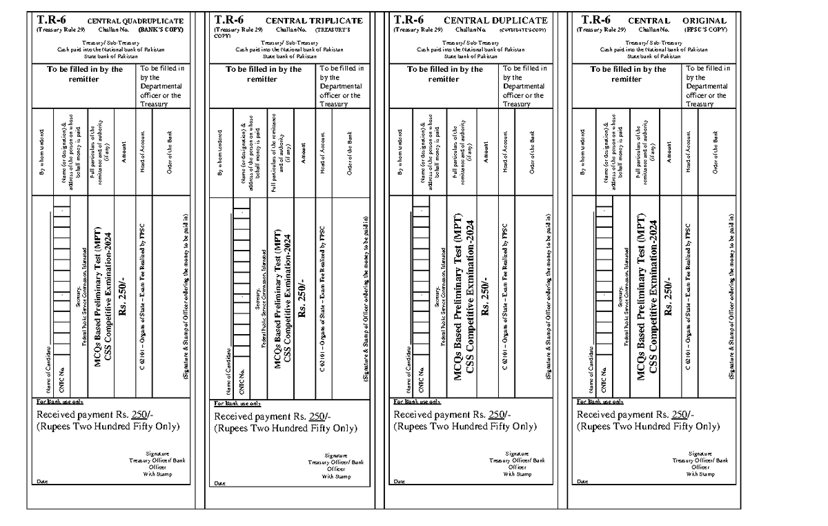 CE 2024 MPT Challan Form T6 CENTRAL QUADRUPLICATE (Treasury Rule 29