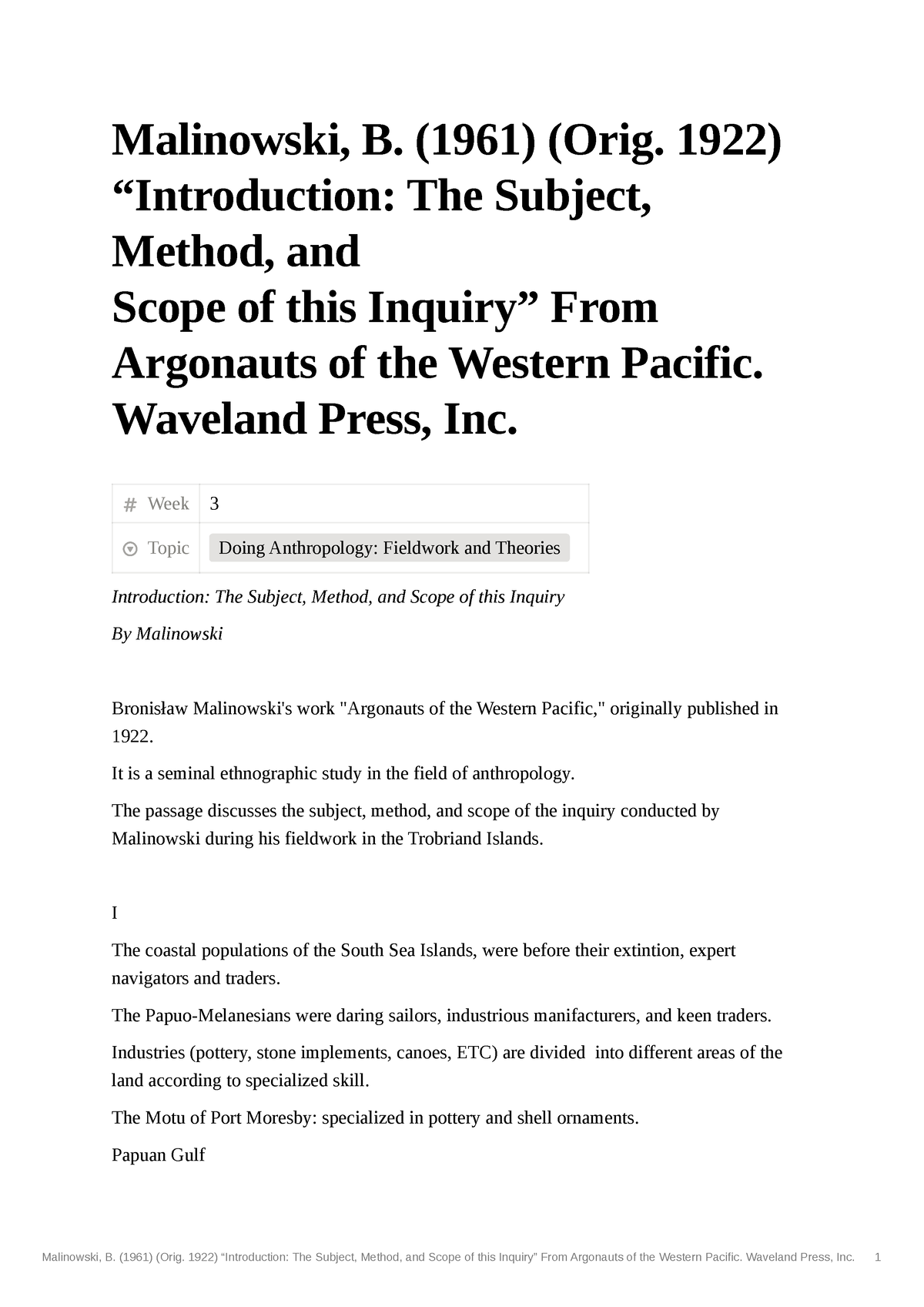 Malinowski, The Subject, The Method and Scope of The Inquiry ...