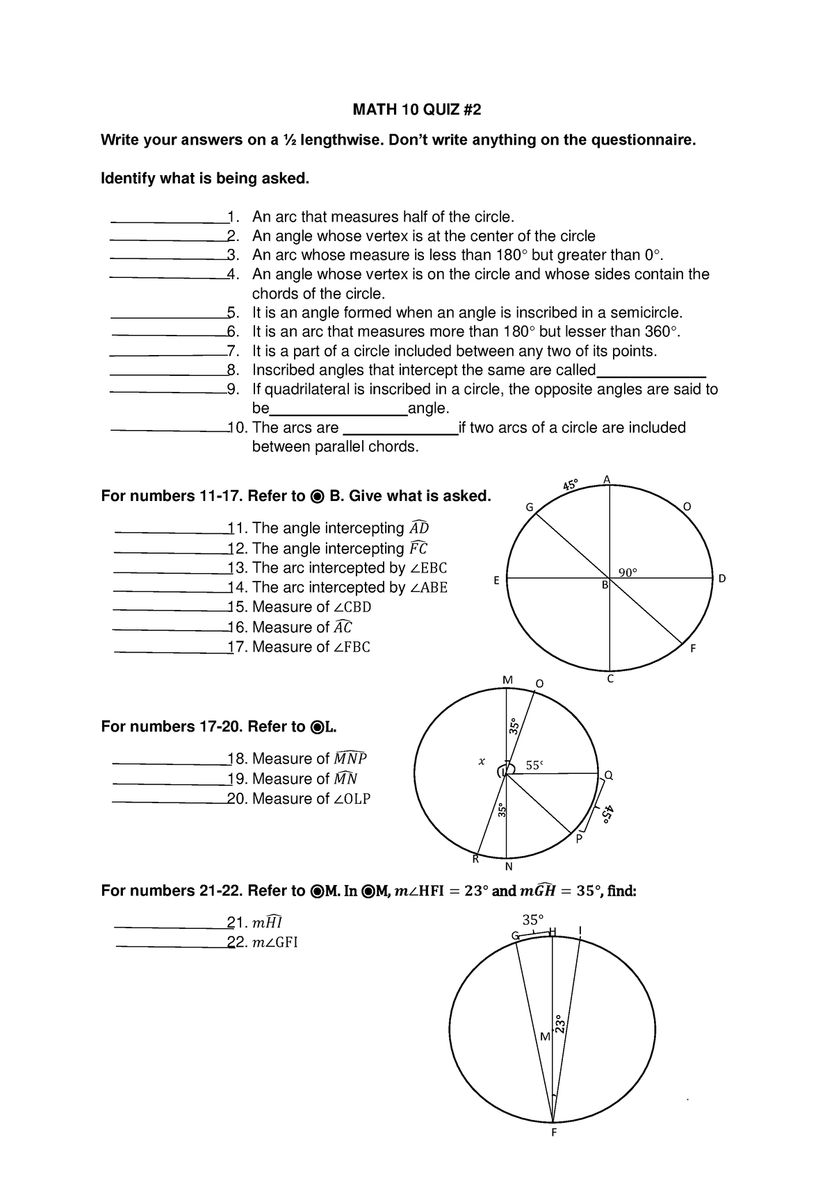 MATH-10-QUIZ-2 - About G10- Circles - MATH 10 QUIZ Write your answers ...