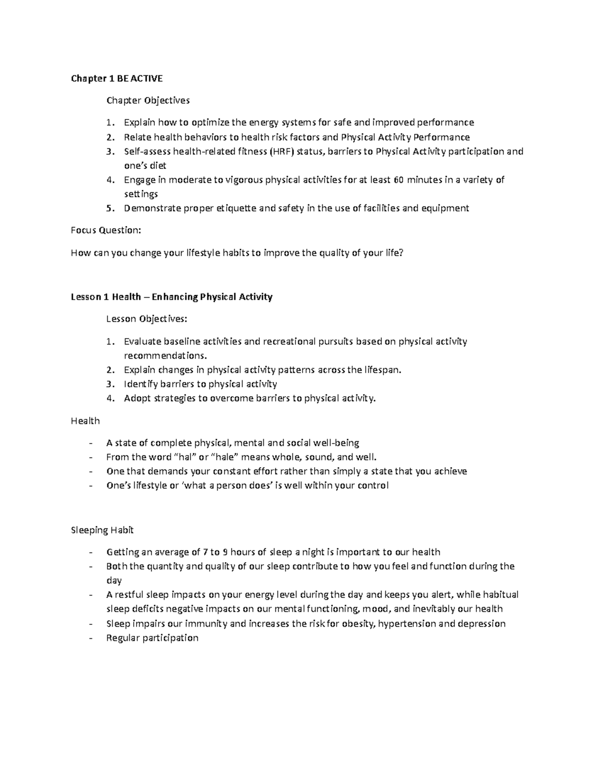 Chapter 1 BE Active - Lecture notes - Chapter 1 BE ACTIVE Chapter ...