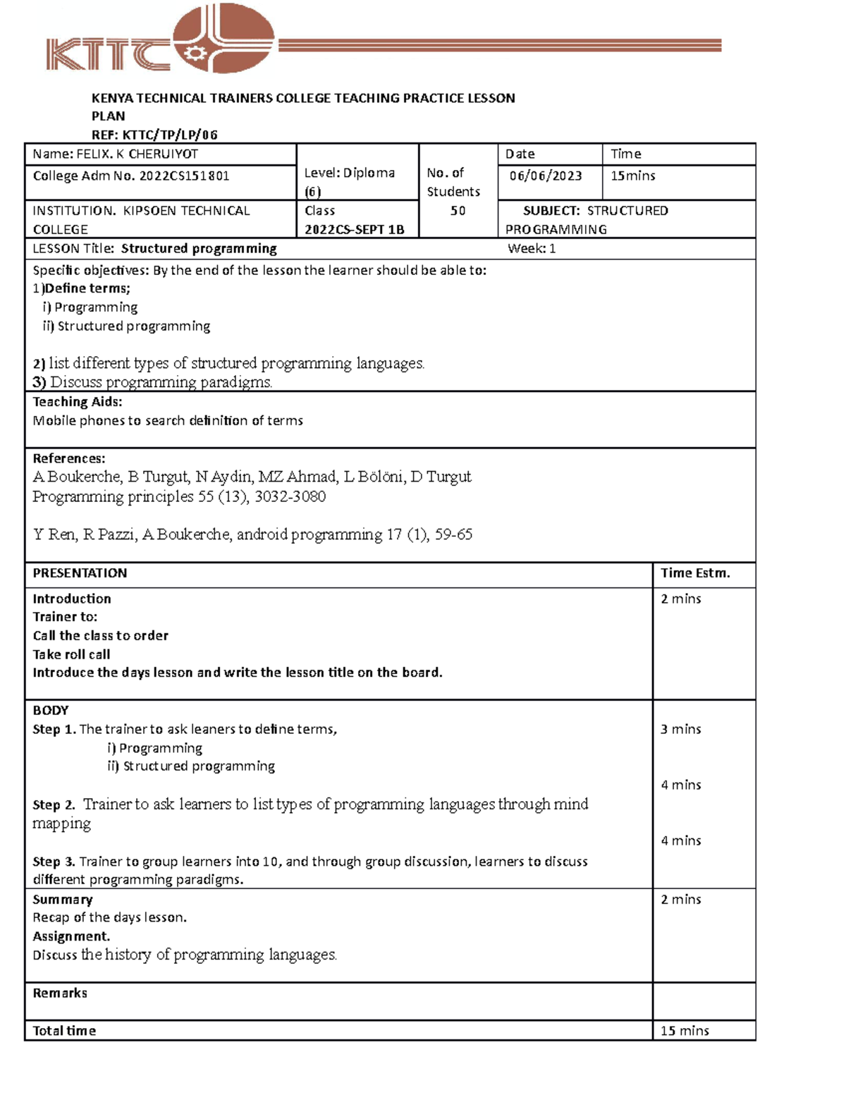 Lesson plan - information communication technology - KMTC - Studocu