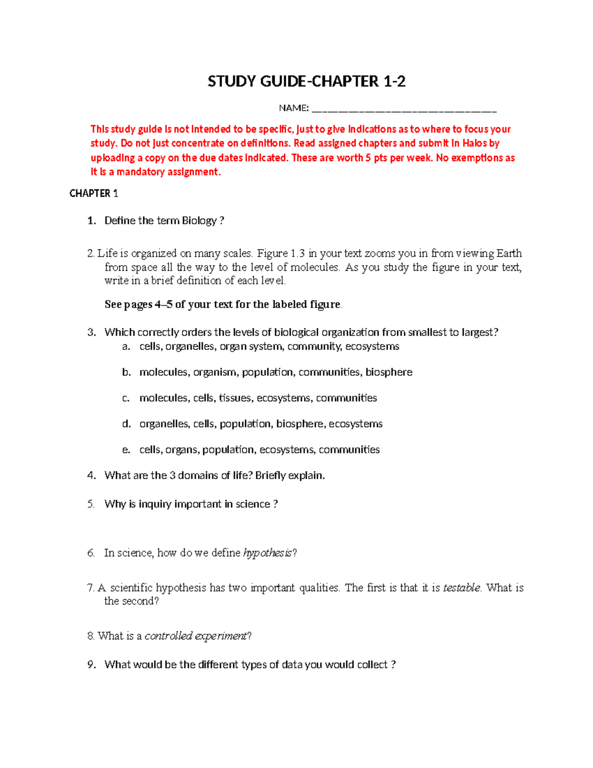 BIO 181-Study Guide-Week 1-Chapter 1 And 2 - STUDY GUIDE-CHAPTER 1 ...