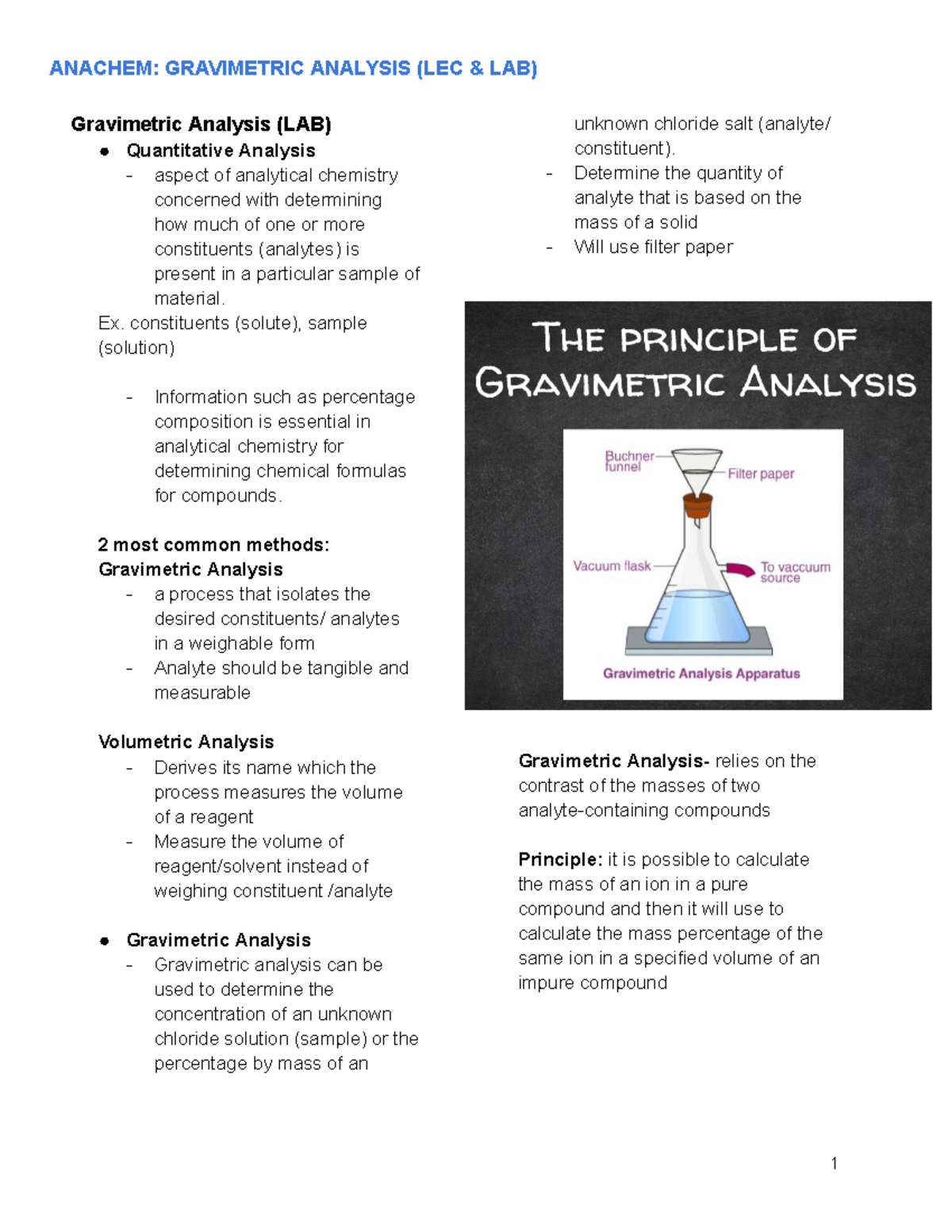 Gravimetric Analysis (LEC & LAB) Gravimetric Analysis (LAB