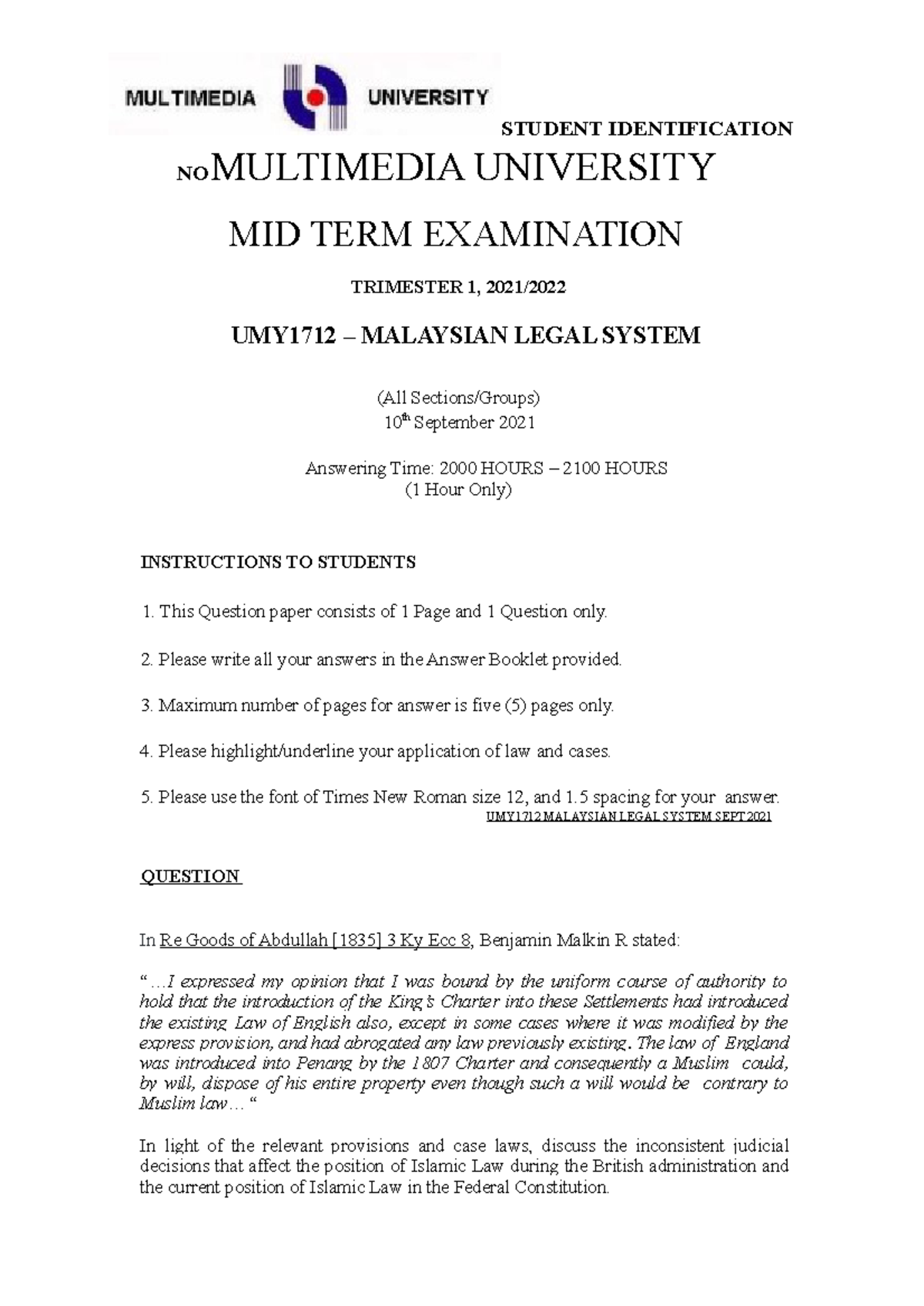 Midterm Question Student Identification No Multimedia University Mid Term Examination Midterm Question Student Identification No Multimedia University Mid Term Examination