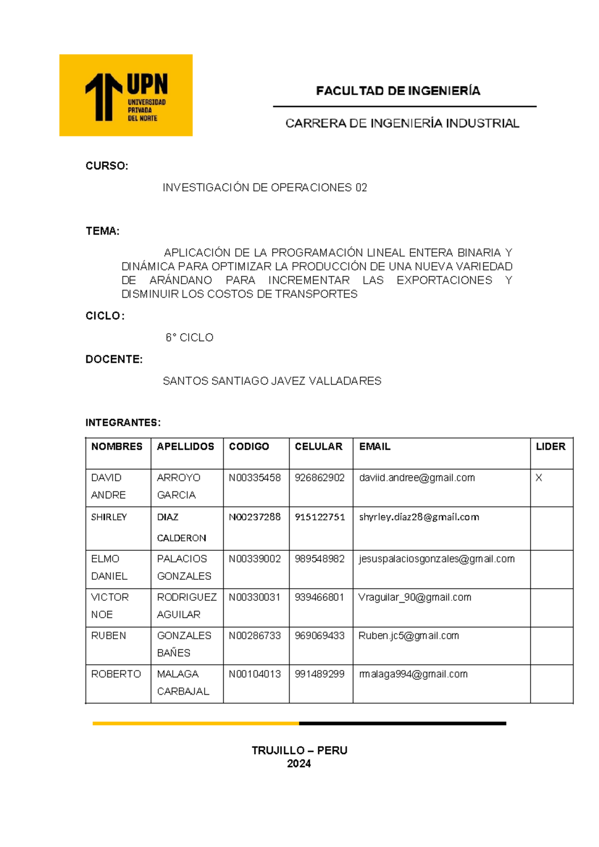 Informe Final Grupo 5 Invope II - CURSO: INVESTIGACIÓN DE OPERACIONES ...