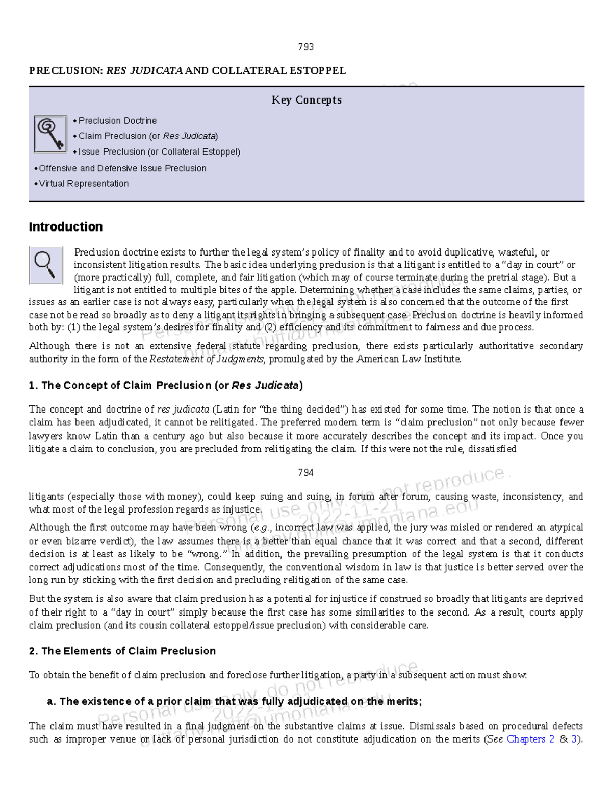 Textbook - Preclusion - Craig Cowie Civil Procedure Fall 2022 - 793 ...