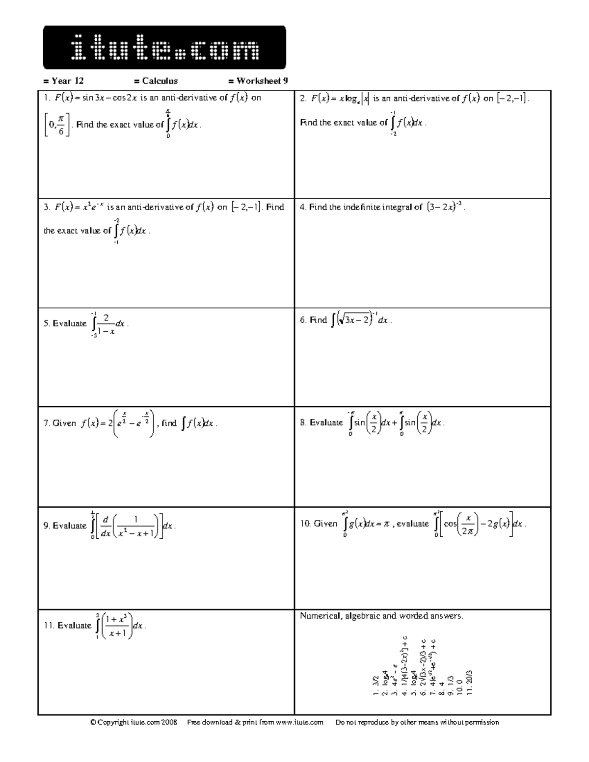 12 calculus wksht 9 - Copyright itute 2008 Free download & print from ...