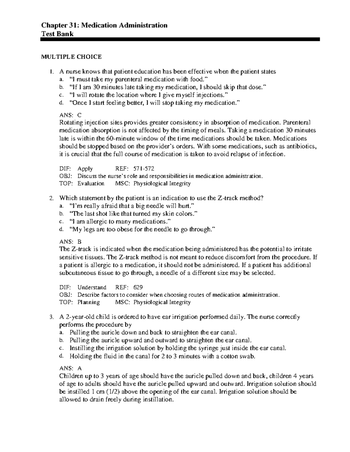 Chapter 31 - hgfcjf - Chapter 31: Medication Administration Test Bank ...