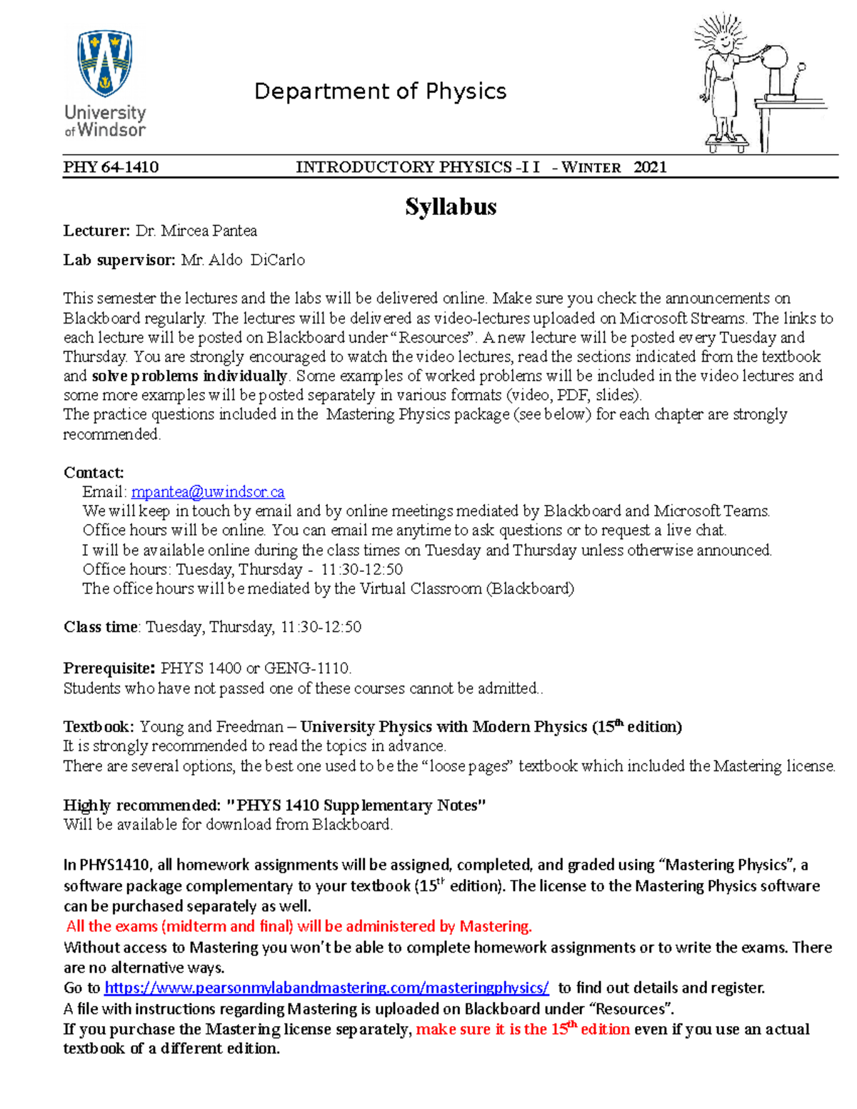 PHYS 1410 Syllabus physics1400 U of W Studocu