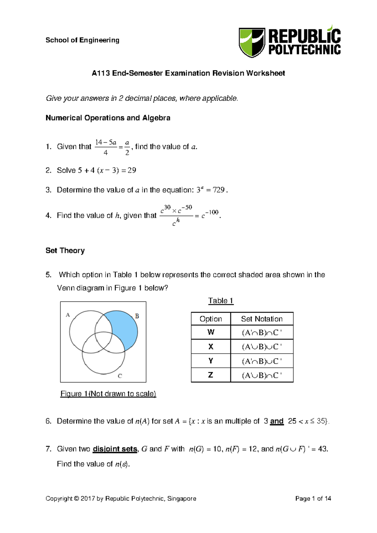 A113 ESE Revision Worksheet 1 AY1718 Sem 1 - A113 End-Semester ...