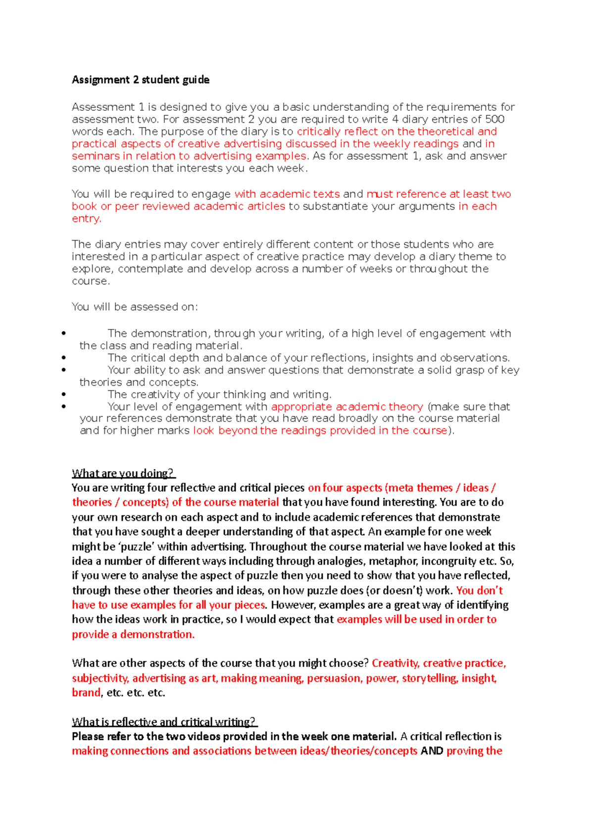 Assignment 2 student guide - Assignment 2 student guide Assessment 1 is ...