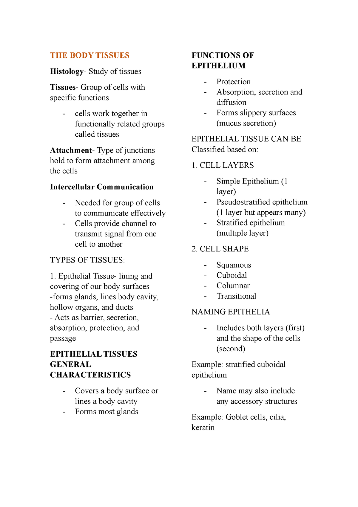 Reviewer-IN- Anaphy - Reviewer - THE BODY TISSUES Histology- Study Of ...