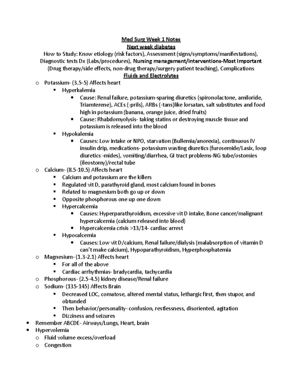 Med Surg Week 1 Notes - Med Surg Week 1 Notes Next week diabetes How to ...