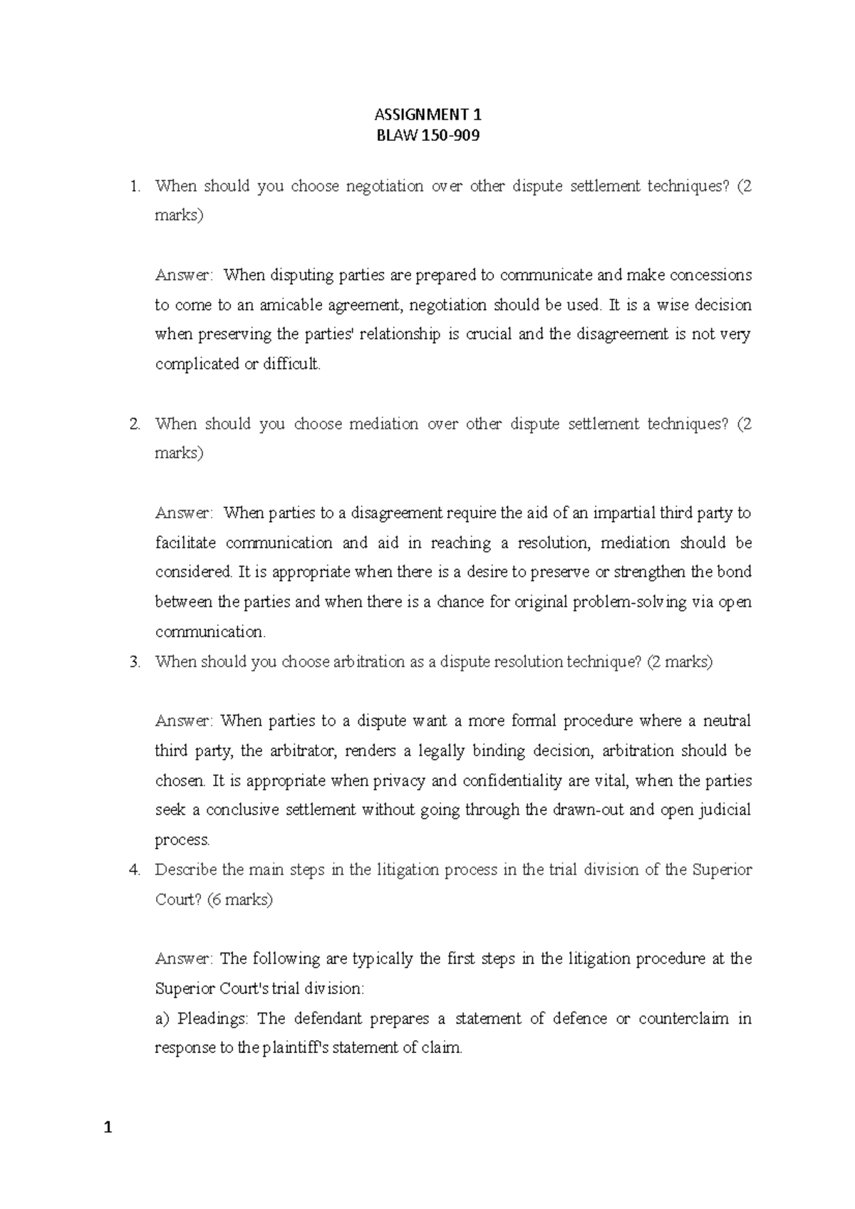 BLAW - business law assignments - ASSIGNMENT 1 BLAW 150- When should ...