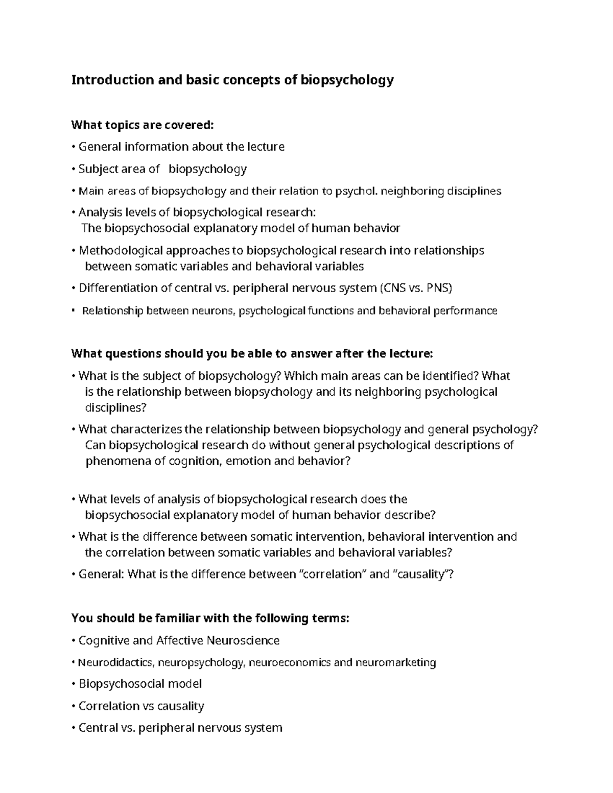 Study guide 1: Introduction and basic concepts of biopsychology ...