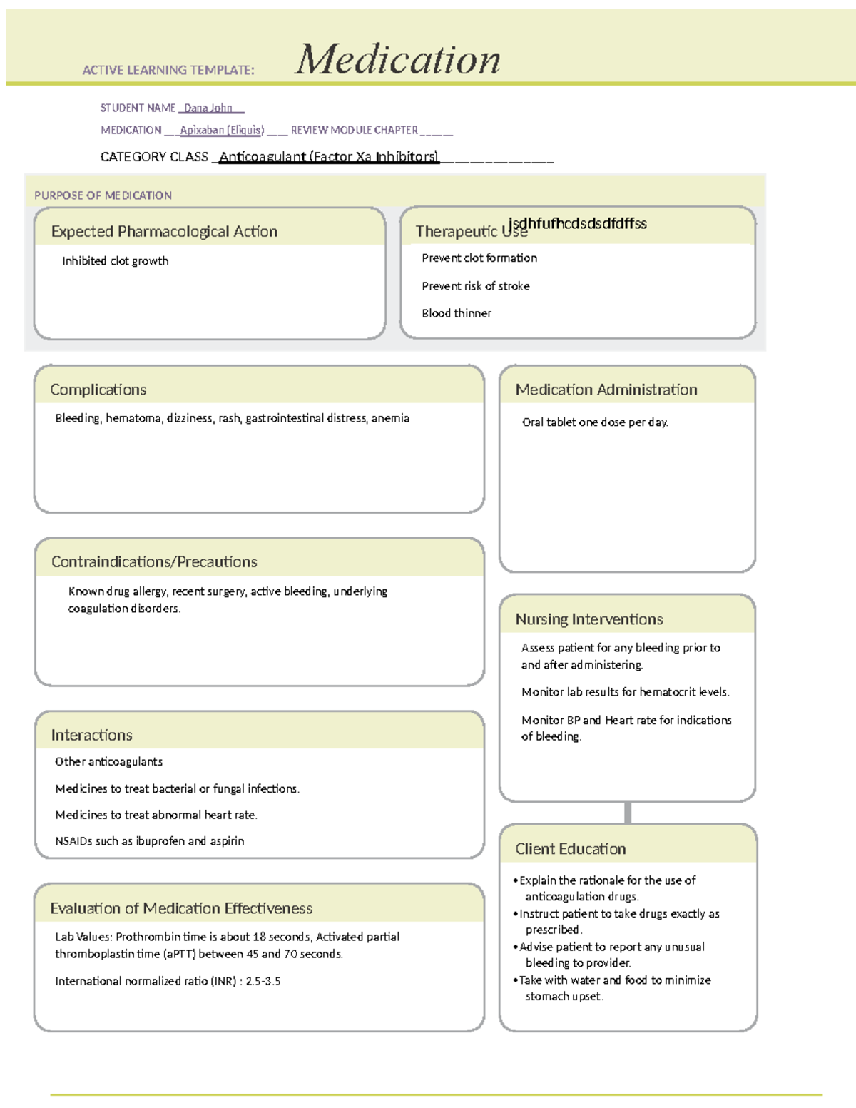 MED CARD - Apixaban - med card - STUDENT NAME Dana John_ MEDICATION ...