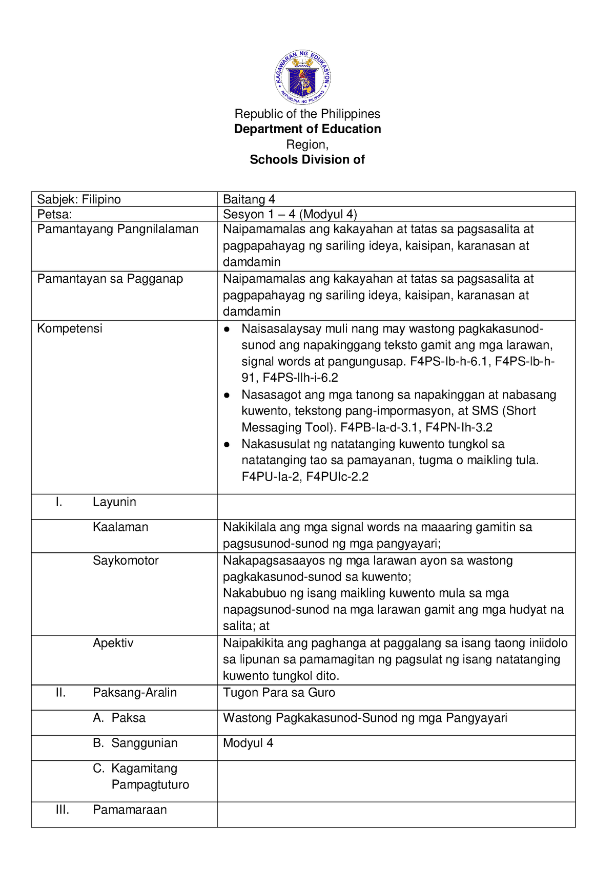 Grade 4 Lesson Plan Week 13 Republic Of The Philippines Department Of Education Region 3102