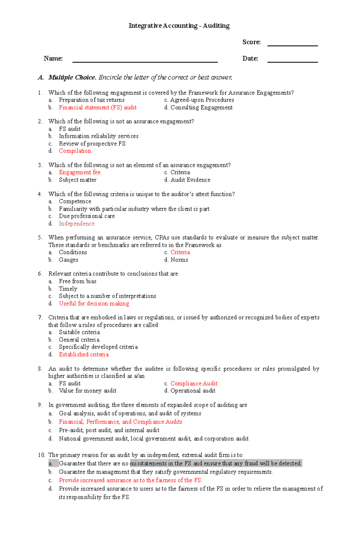 Reviewlecture notes - Integrative Accounting - Auditing Score: Name ...