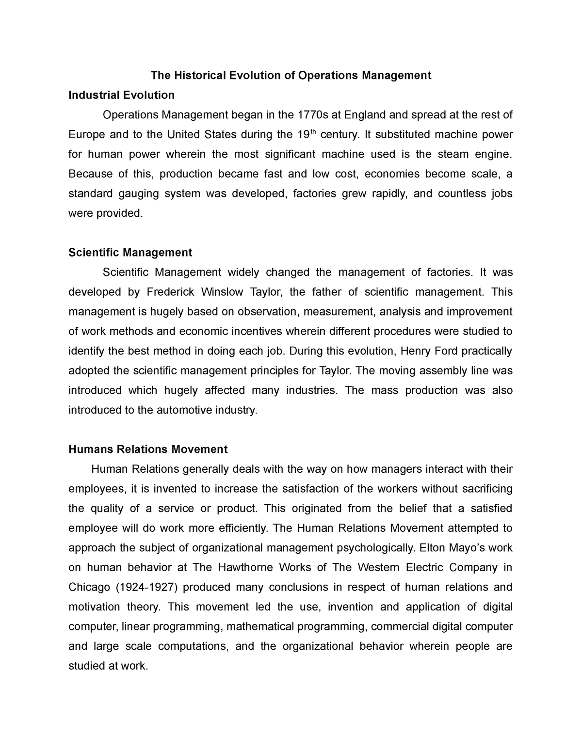 historical evolution of operations management assignment