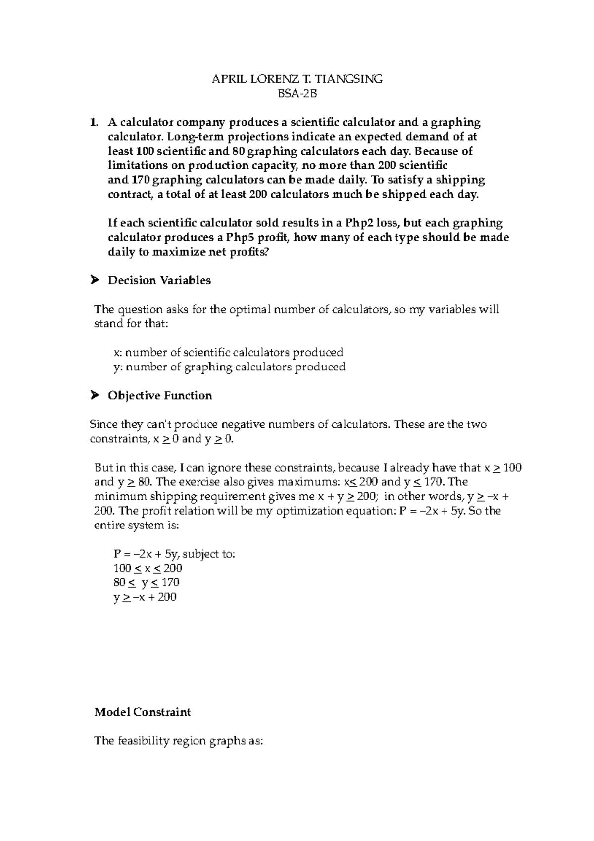Linear Programming - Management science - APRIL LORENZ T. TIANGSING BSA ...