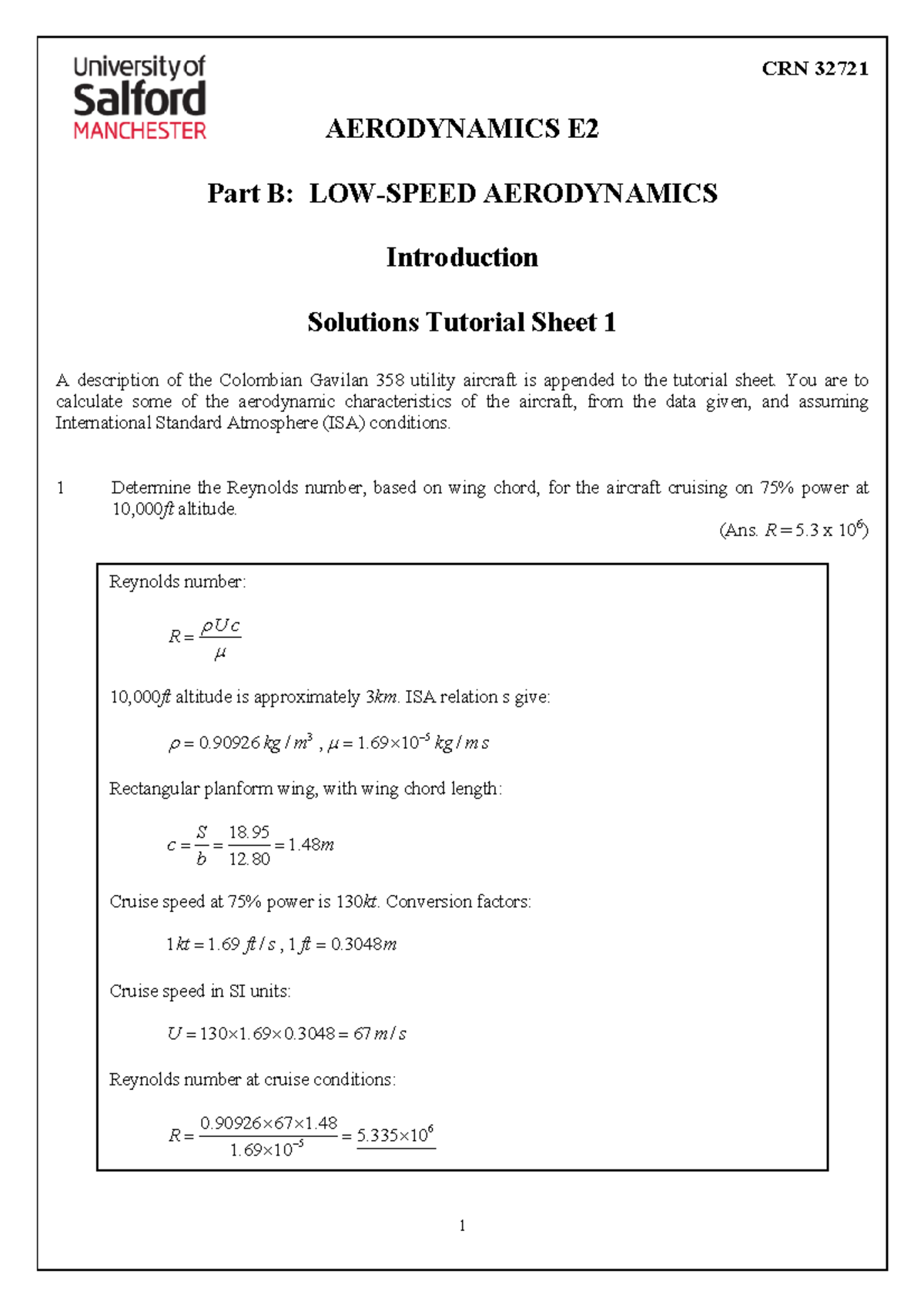 Part B Solutions Tutorial Sheet 1 - CRN 32721 AERODYNAMICS E2 Part B ...