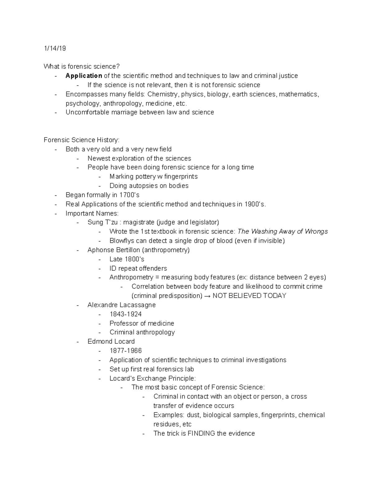Class Notes Ch 1 Intro History Of Forensic Science 1 14 What Is Class Notes Ch 1 Intro History Of Forensic Science 1 14 What Is