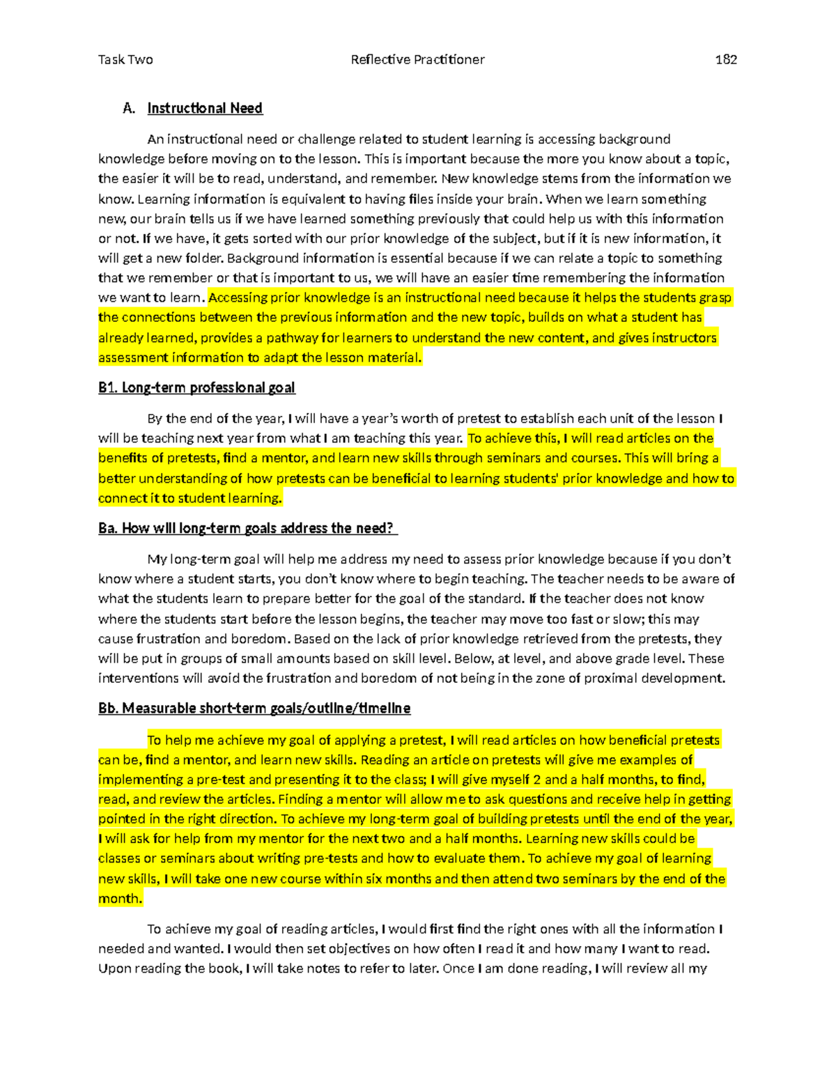 Task Two - Task Two Reflective Practitioner - A. Instructional Need An ...