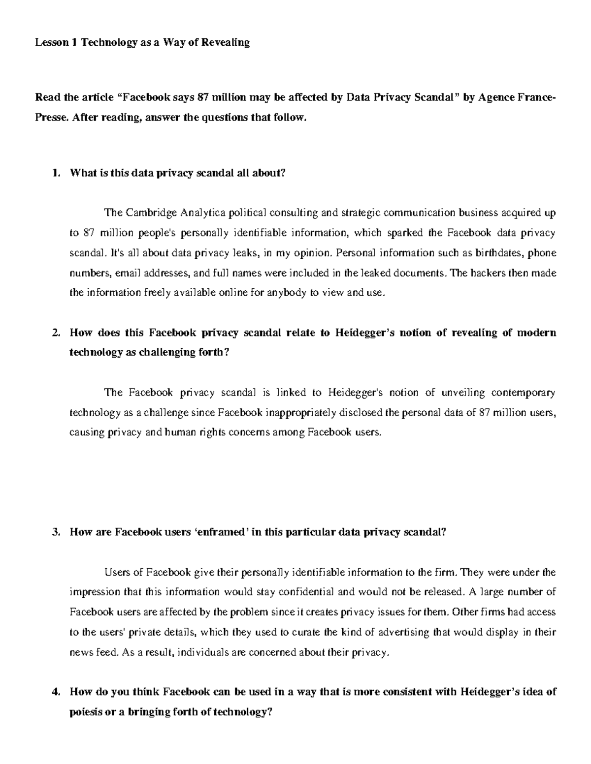 Lesson 1 Technology as a Way of Revealing - BSEd-English - ASSCAT - Studocu