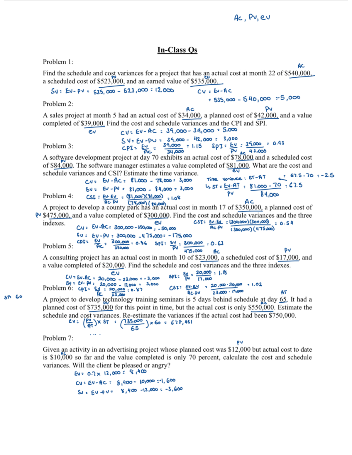 ENGR-301-IN class Questions - Ac, Pv,e Qs Problem 1: AC Find the ...