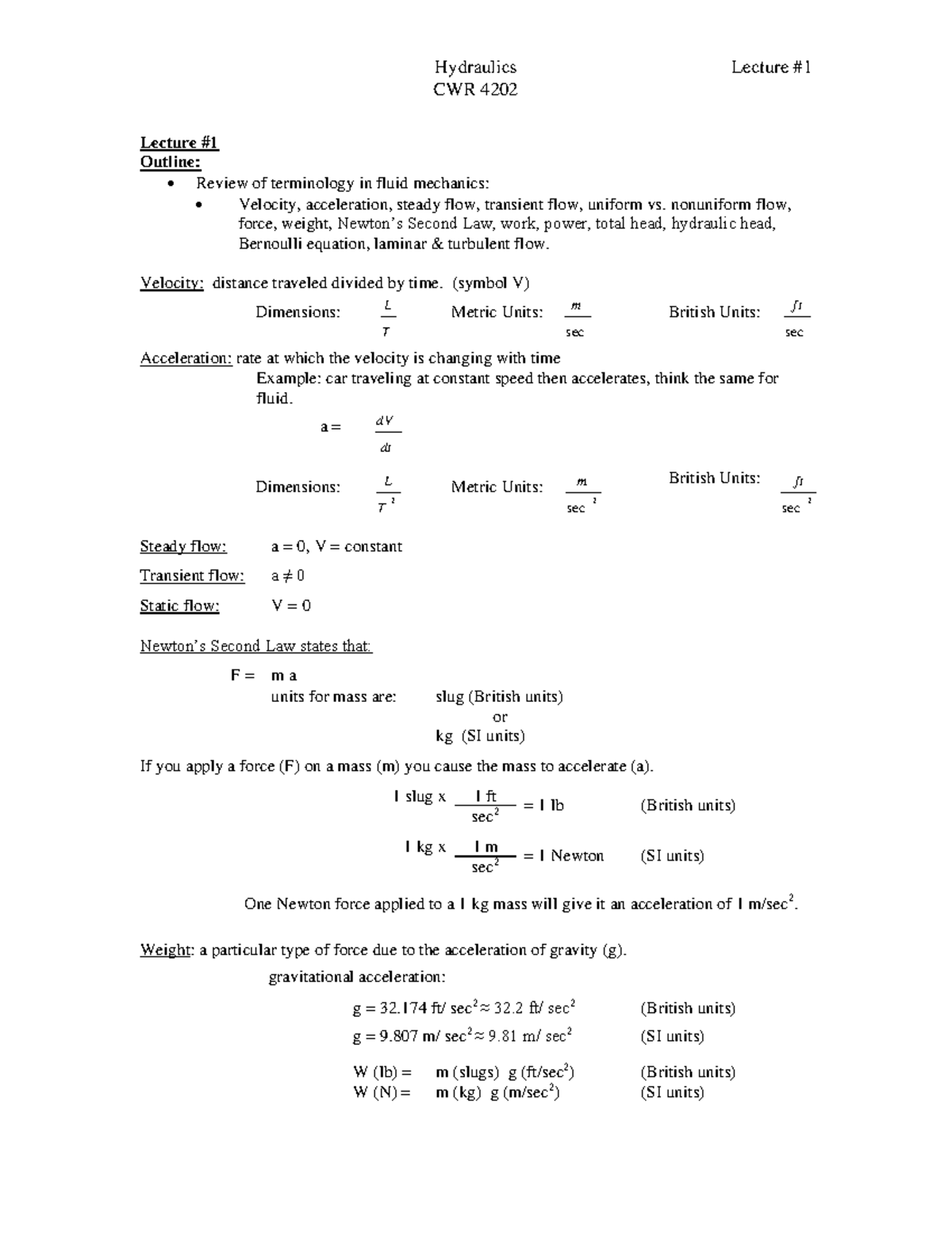 2016 Hydraulics lecture Collection (1) CWR4202 USF Studocu