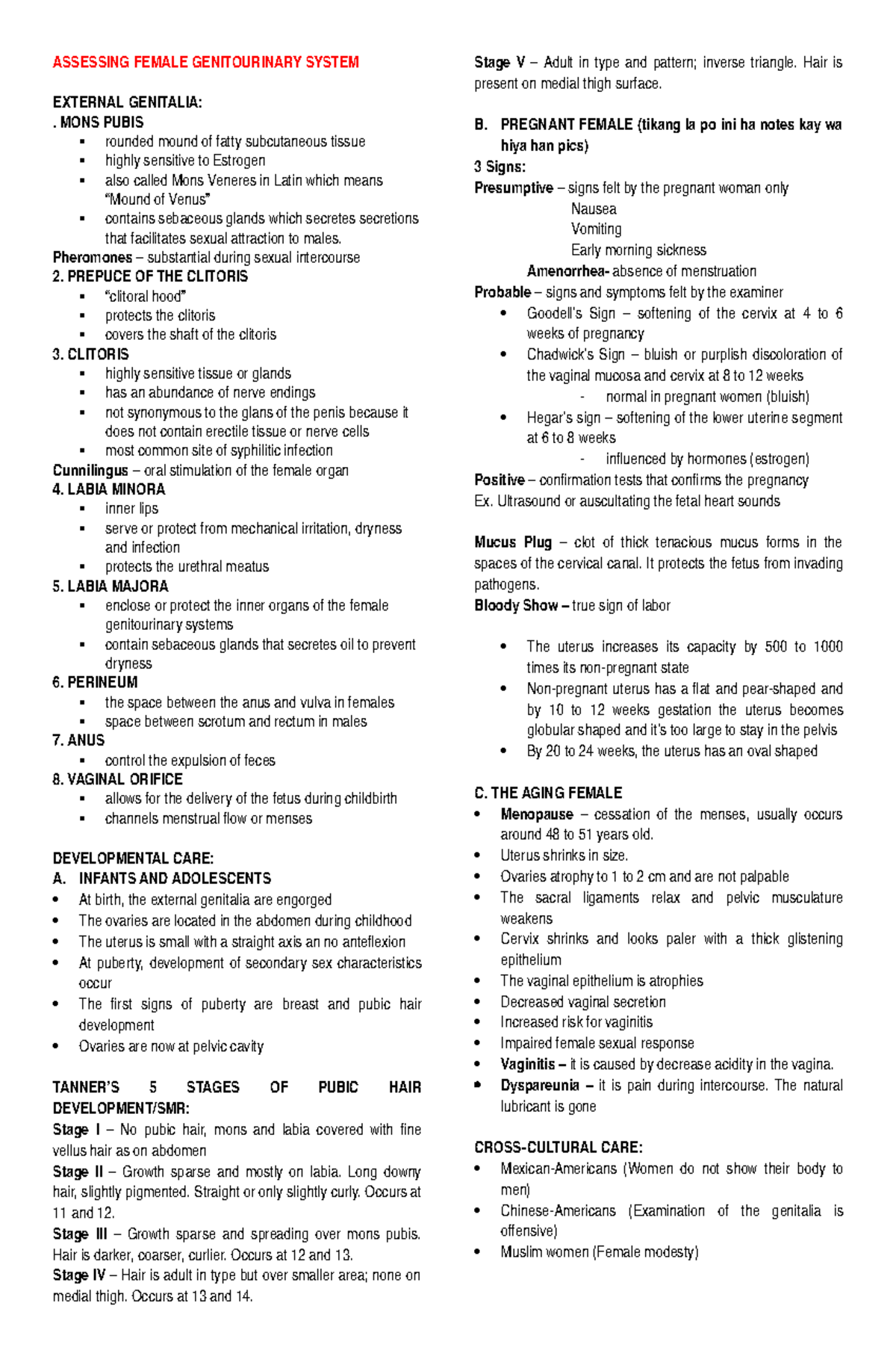 Final Assessment Female AND MALE Genitourinary System ASSESSING