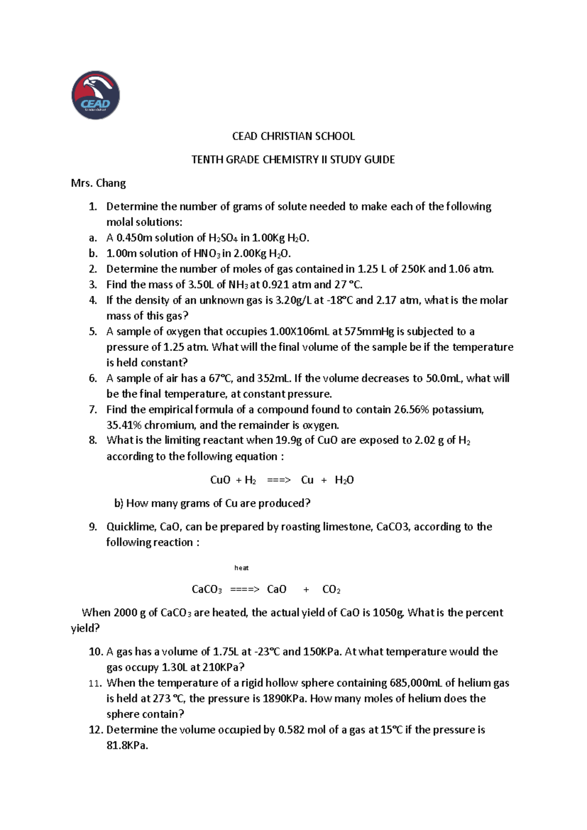 Chemistry II Study Guide - CEAD CHRISTIAN SCHOOL TENTH GRADE CHEMISTRY ...