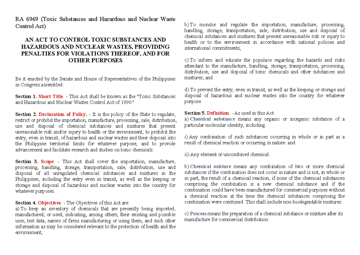 RA 6969 (Toxic Substances and Hazardous and Nuclear Waste Control Act