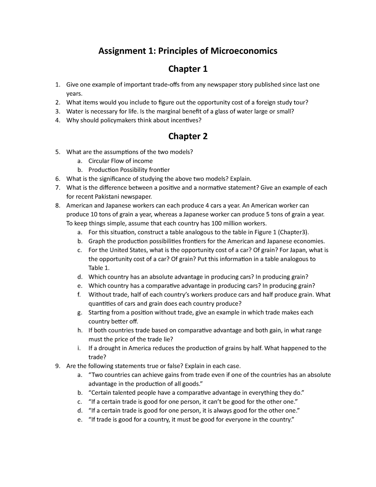 principles of microeconomics assignment 1