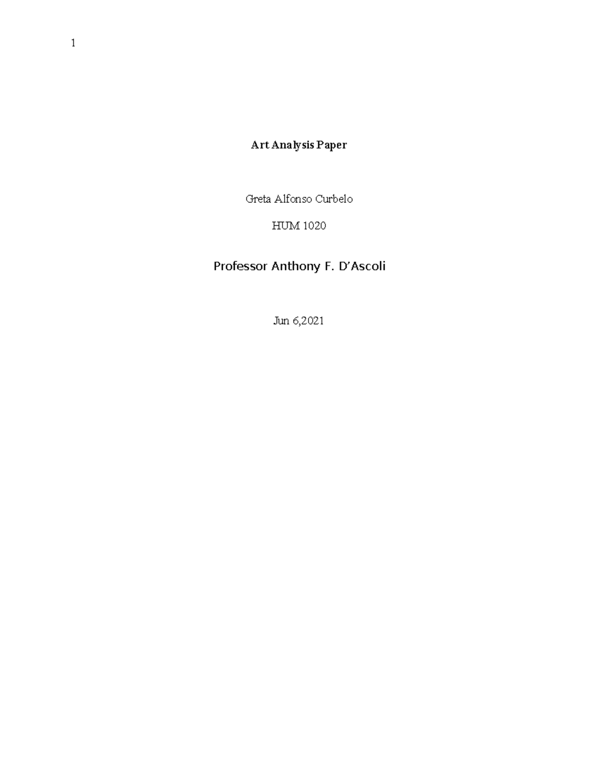 Art Analysis Paper nurse 1 Art Analysis Paper Greta Alfonso Curbelo