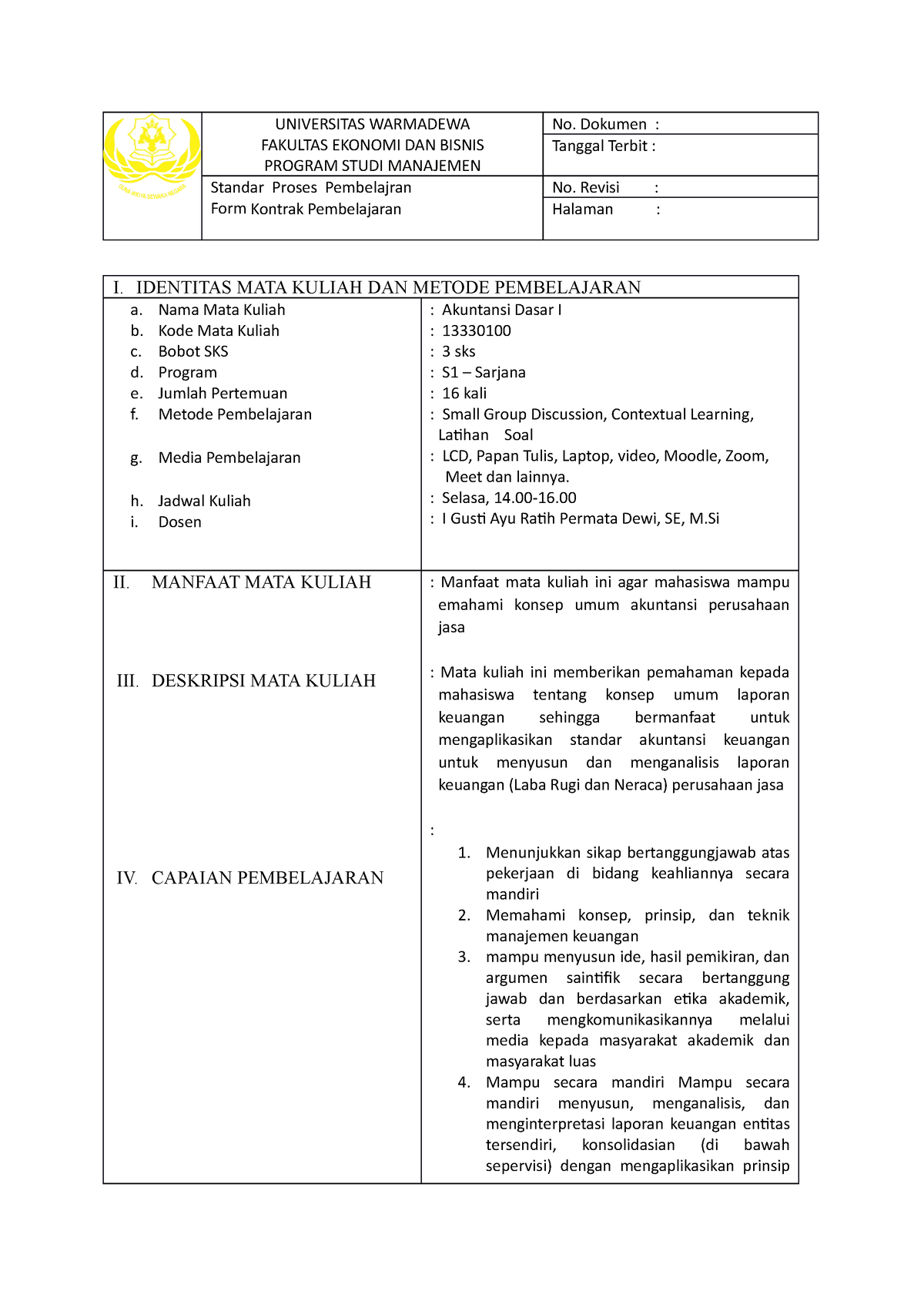 Kontrak Perkualiahan Akuntansi Dasar 1 - UNIVERSITAS WARMADEWA FAKULTAS ...