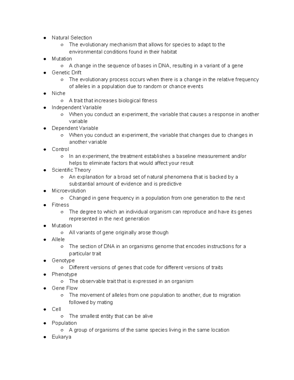 BIO 101 Study Guide Part 2 - Natural Selection The evolutionary ...