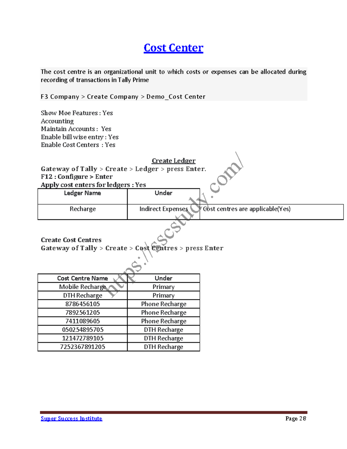 Tally Prime Course Cost center, Order, Price list, BOM (sscstudy Cost