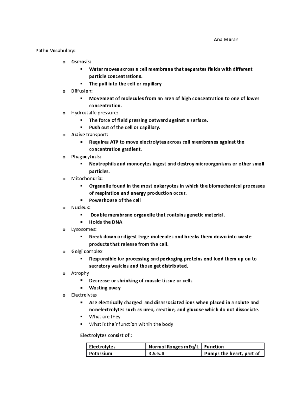 Patho vocab - Ana Moran Patho Vocabulary: o Osmosis: Water moves across ...