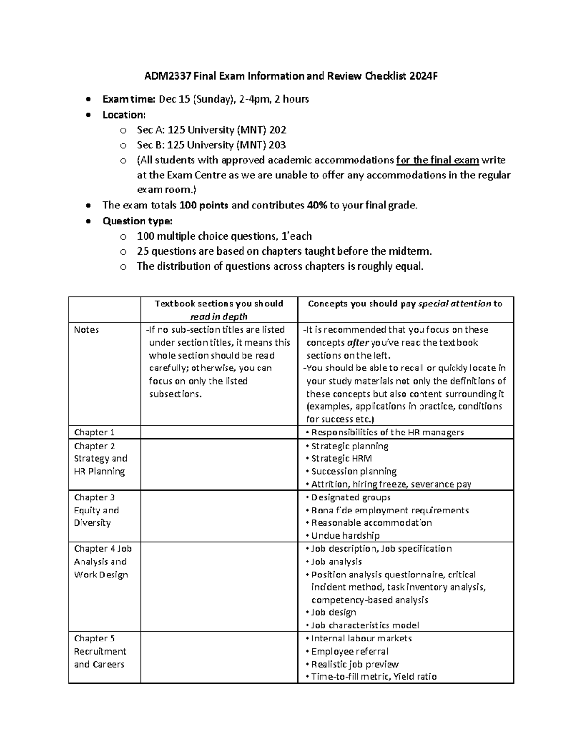 Final Exam Review Checklist 2024F - ADM2337 Final Exam Information and ...