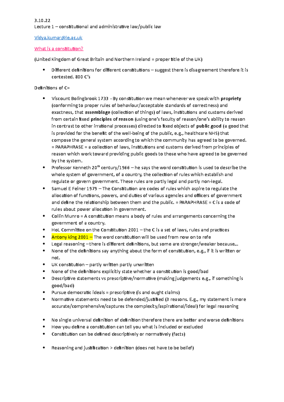 Lecture 1 - notes - Lecture 1 – constitutional and administrative law ...