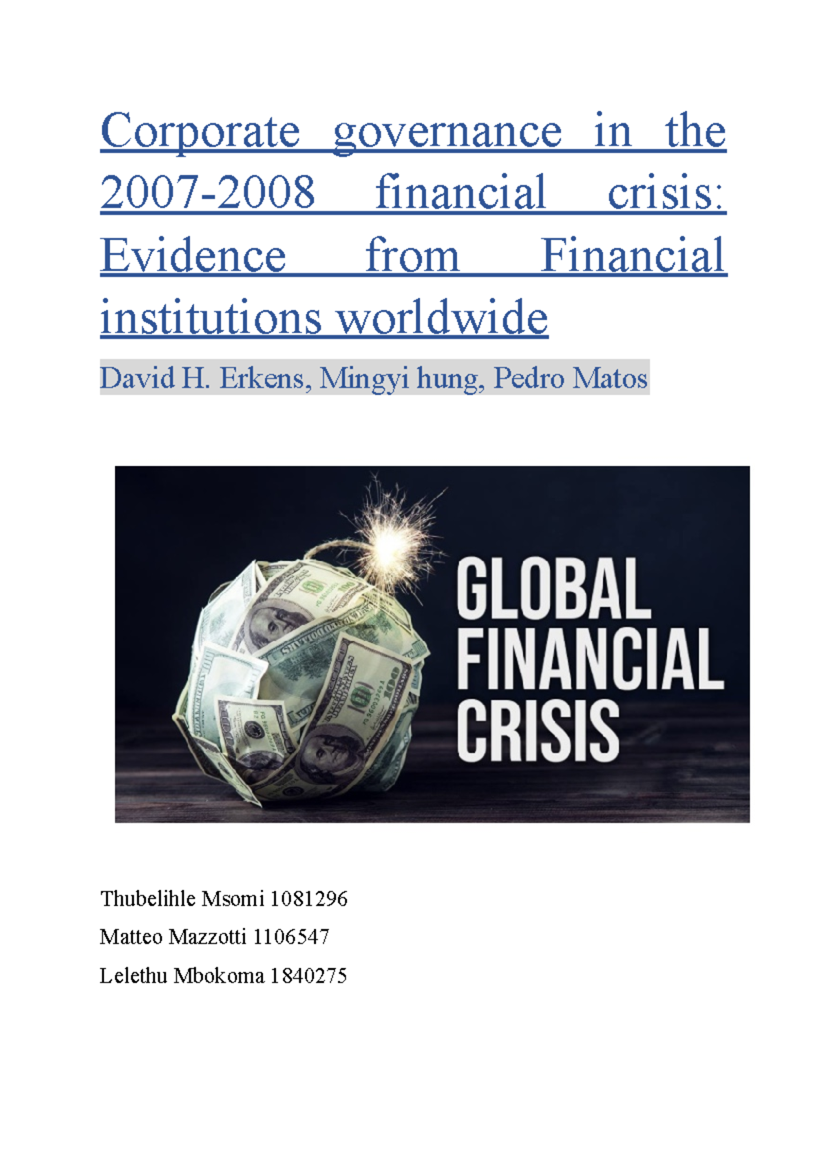 Corporate Governance in the 2008 Fianancial crisis article - Corporate ...