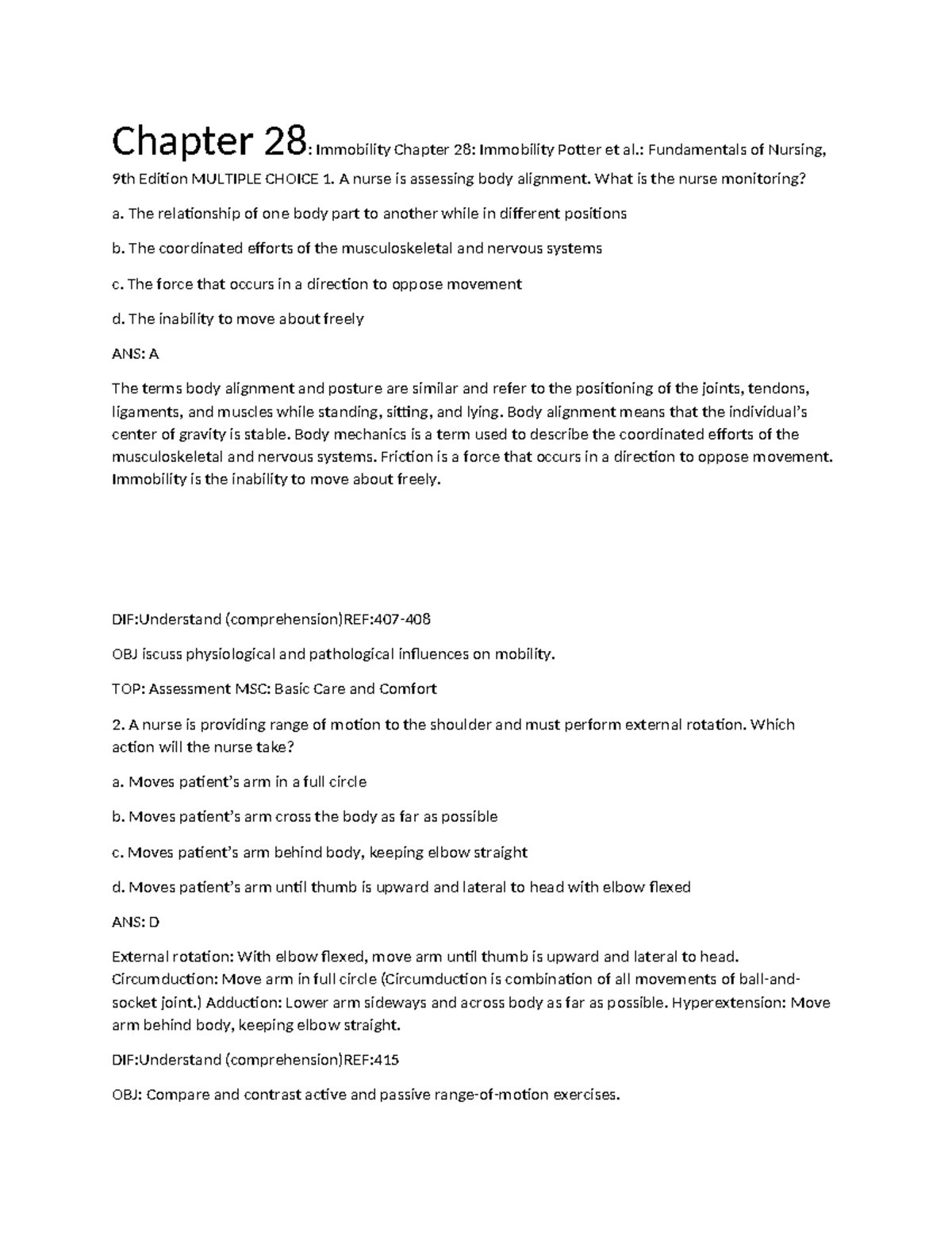 Fundamentals study exam 2 - Chapter 28: Immobility Chapter 28 ...