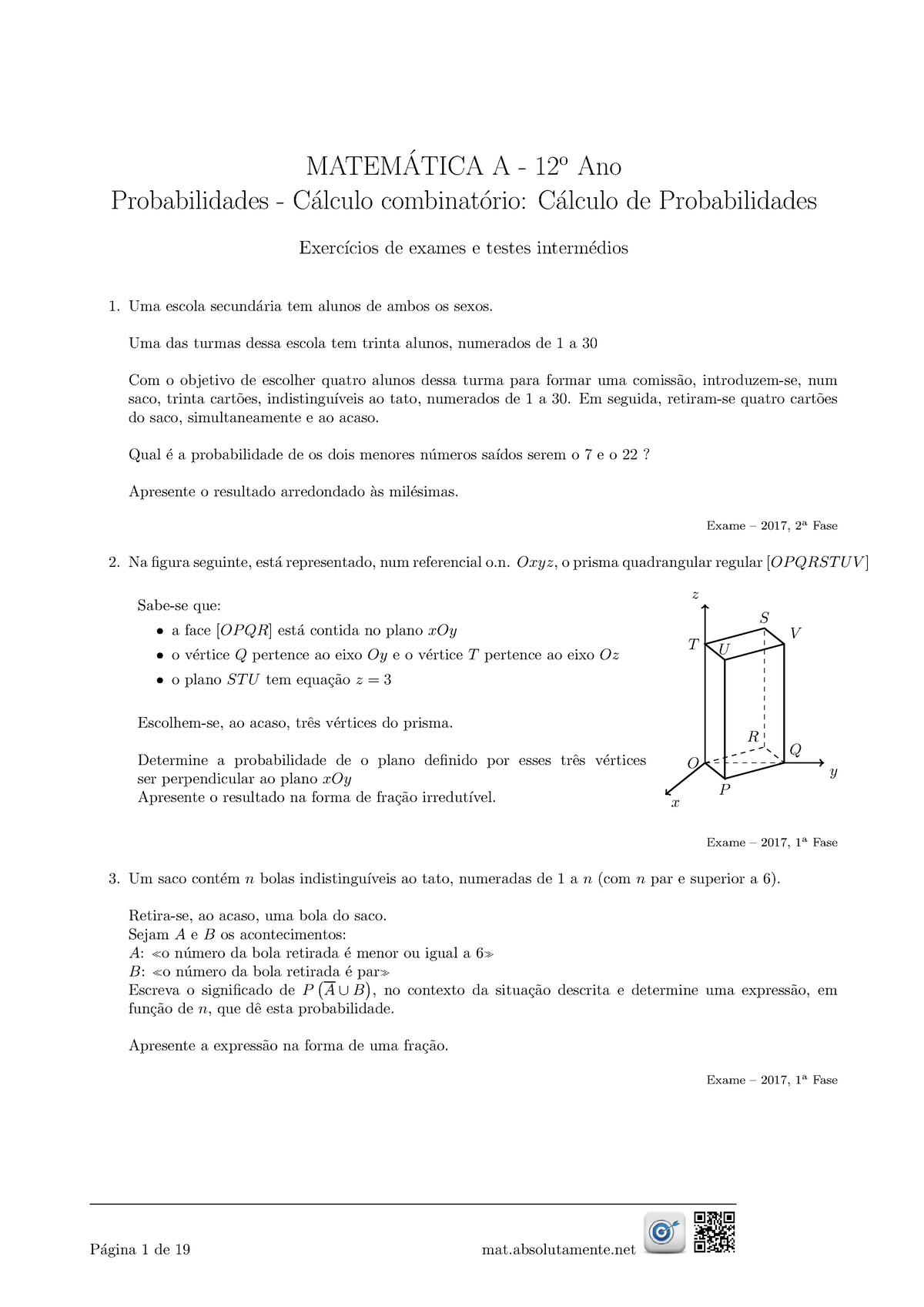 Combinatoria Prob - MATEMATICA A - 12 ́ O Ano Probabilidades - C ...